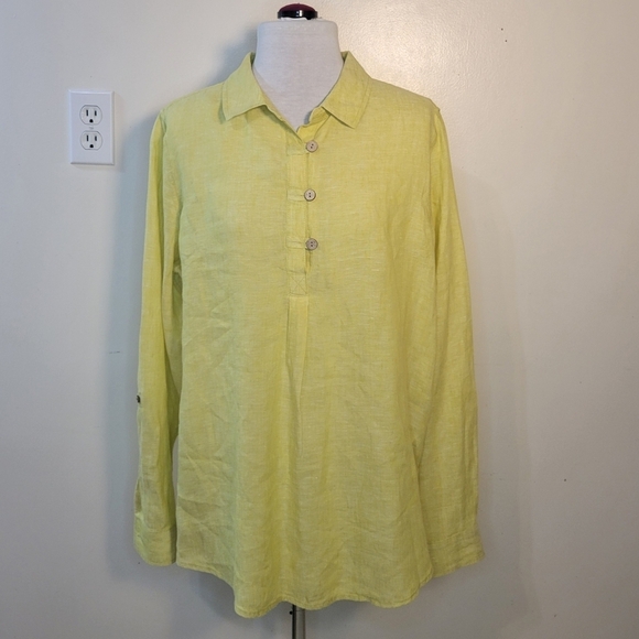 Sigrid Olsen: Women's Medium Chartreuse Half Button-down Roll-tab 100% Linen Top - Picture 1 of 11